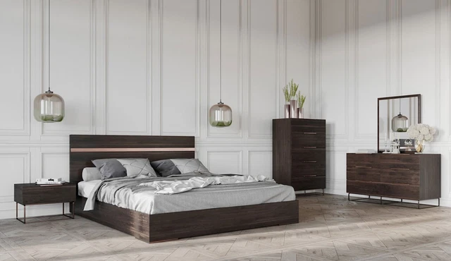 Italian Modern 5 piece Queen King Bedroom Set in Dark Brown Oak Furniture IVAW