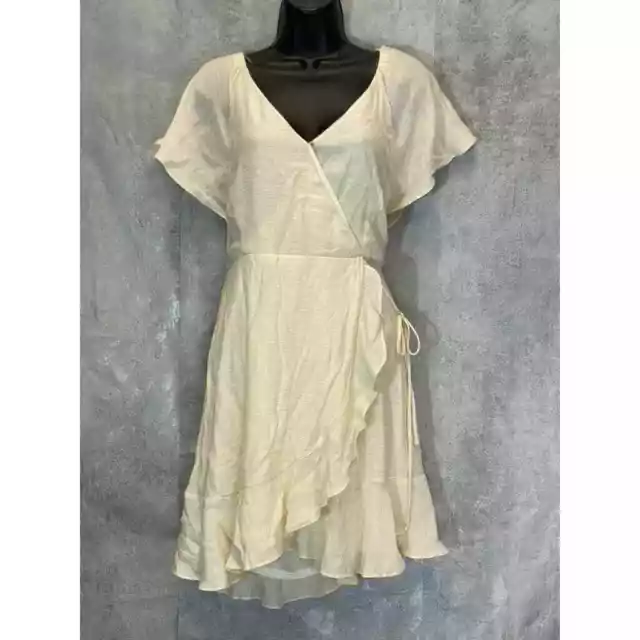 LUSH Women's Cream V-Neck Wrap Tie-Waist Ruffle Short Sleeve Mini Dress SZ L