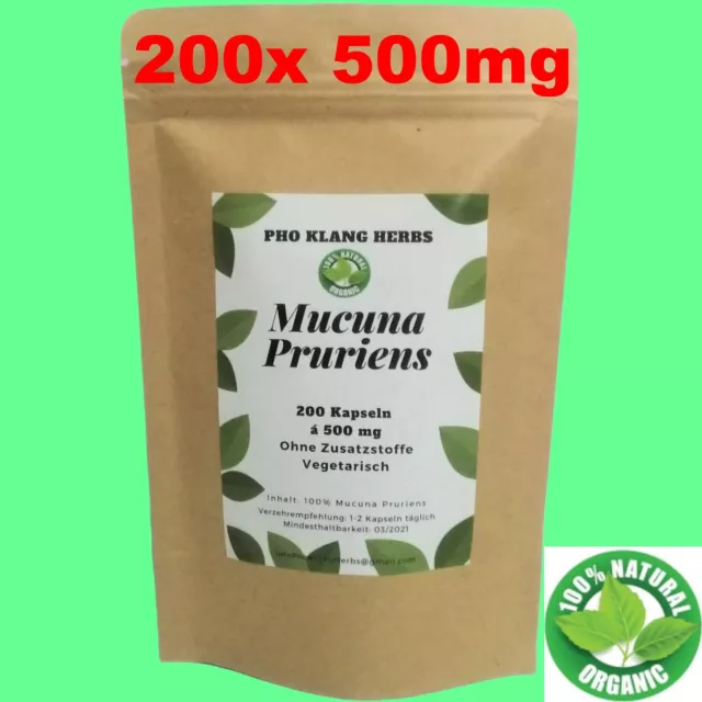 200 Kapseln 100% Mucuna Pruriens Pulver Bio Juckbohne Dopa Capsules halal