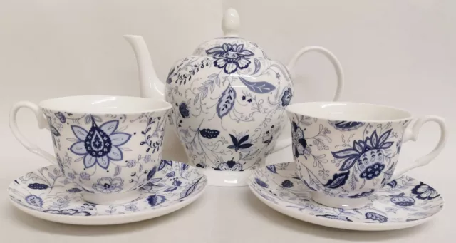 Blue Persia Tea Set for Two Bone China Oriental Floral Teapot 2 Cups 2 Saucers