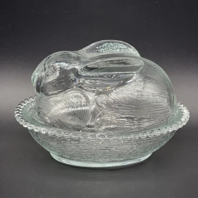 Vintage Indiana Glass Clear Bunny Rabbit on Nest Basket Covered Candy Dish