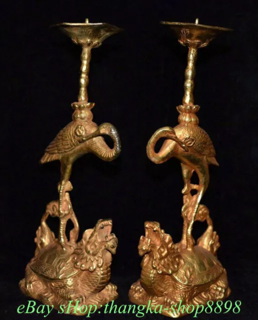 9.6"Old Pure Bronze Gilt Crane Bird Dragon turtle Candle Holder Candlestick Pair