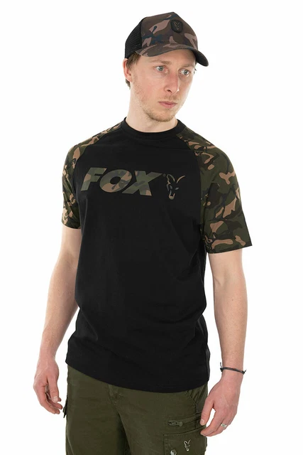 T-Shirt FOX NEU schwarz/camo Karpfenangeln - Raglan-Stil - alle Größen