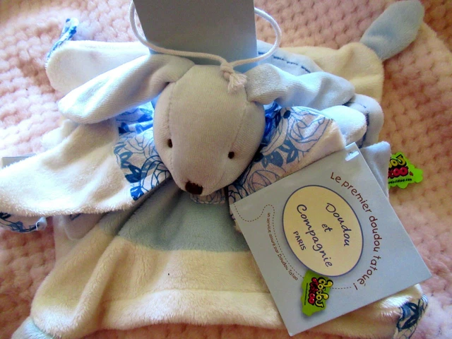 doudou et compagnie lapin plat carré bleu spirale neuf grand modele