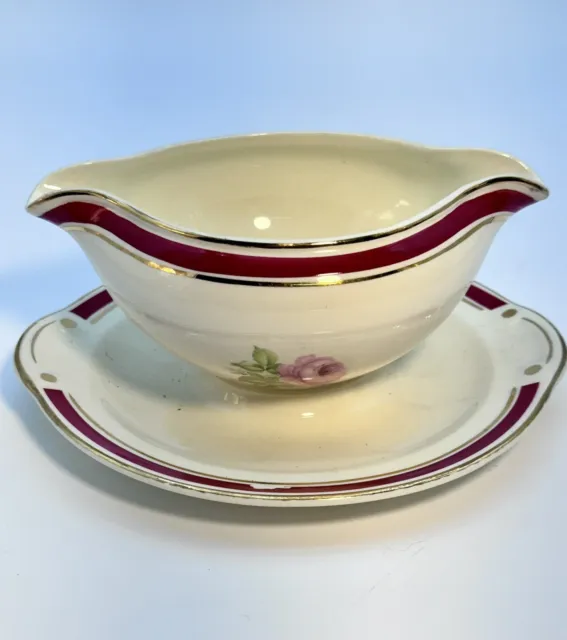 TST64 Taylor Smith & Taylor USA Gravy Boat & Under Plate Red Gold Rim Pink Rose