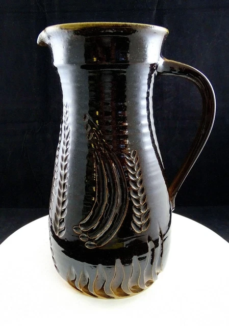 Mt St Bernard Signed Art Pottery Carved Design Wheel Thrown Large 12.5" Pitcher