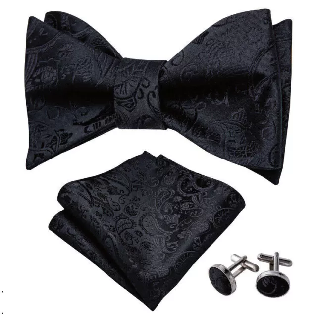 UK Mens Black Paisley Self Tied Bowtie Set Wedding Bow Tie Party Casual Formal