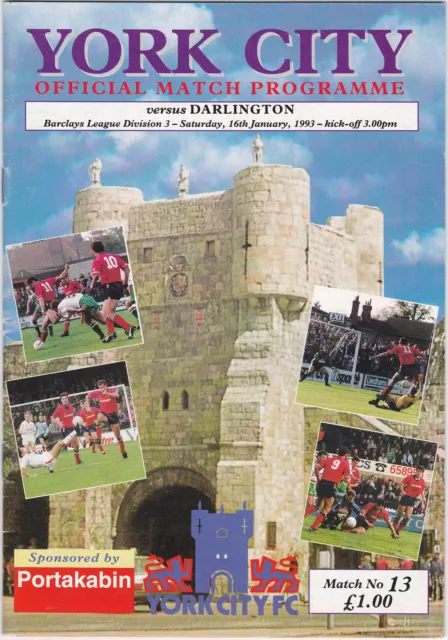 YORK CITY v DARLINGTON Division 3 programme 1992 / 93 - Jan 16th 1993