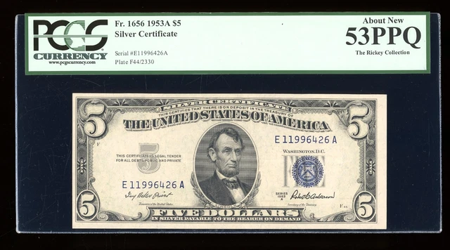 DBR 1953-A $5 Silver Fr. 1656 EA Block PCGS 53 PPQ Serial E11996426A