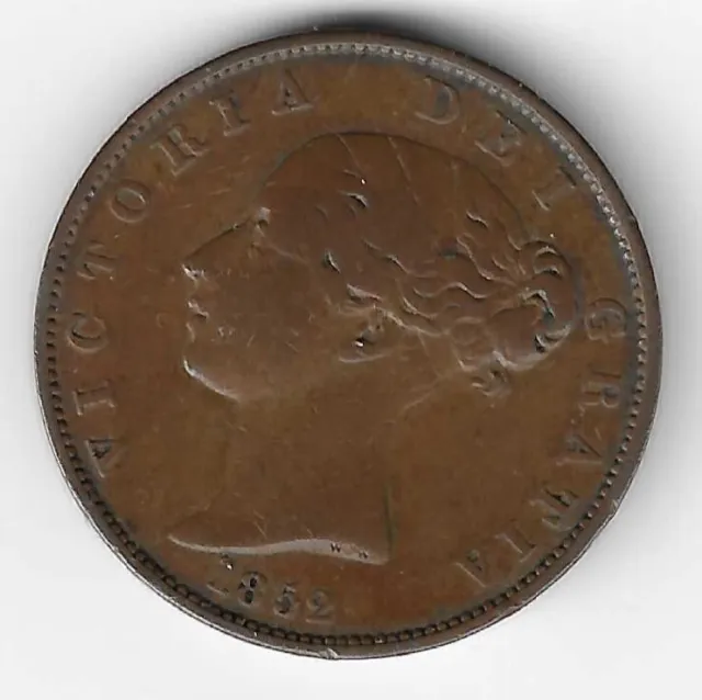 Queen Victoria Young Head Copper Halfpenny 1/2d 1852 Victorian British Coin