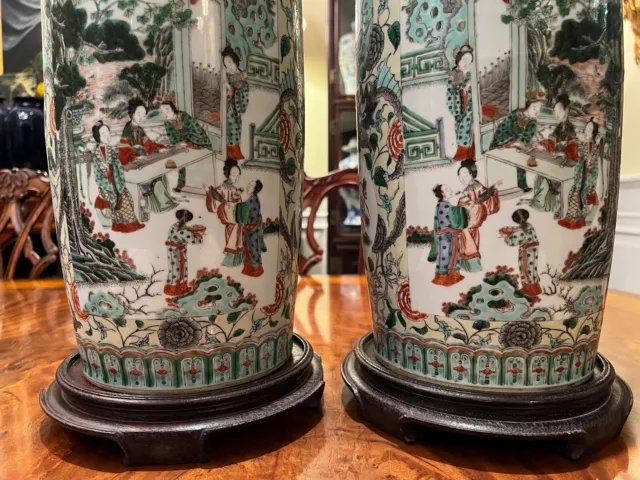 A Pair Excellent Chinese Famille-Verte 'Figural' Rouleau Vases, Qing dynasty 3