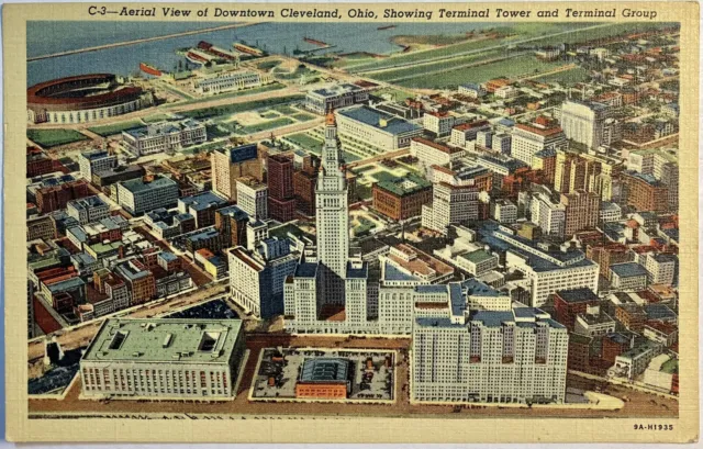 Cleveland Ohio Aerial View Of Downtown Terminal Tower & Group Linen OH