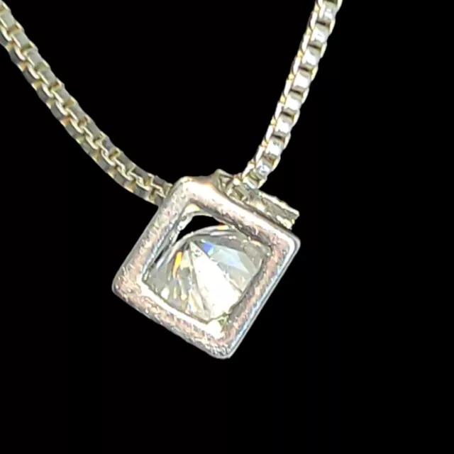 Clear Diamond Shaped Crystal In A Silver Tone Box Cube Pendant Necklace 16inch