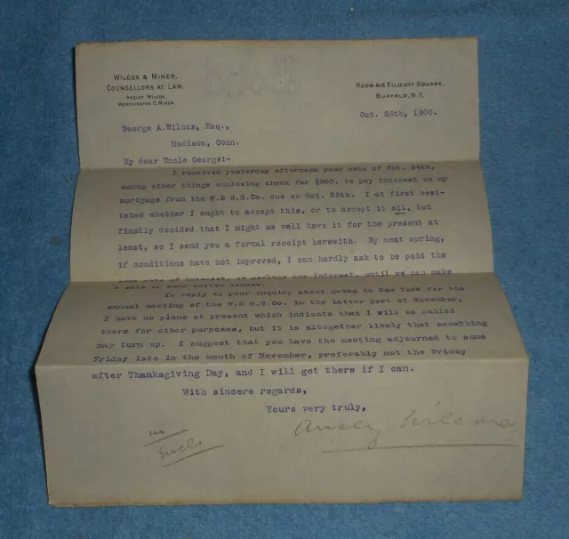 1900 NY Lawyers Wilcox & Miner Letter To George A Wilcox Signed By Nephew Ansley