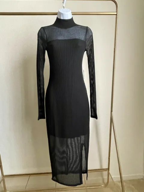 EXPRESS Long Sleeve Stretch Knit Lined Black Midi Dress Womens Sz XS NWT