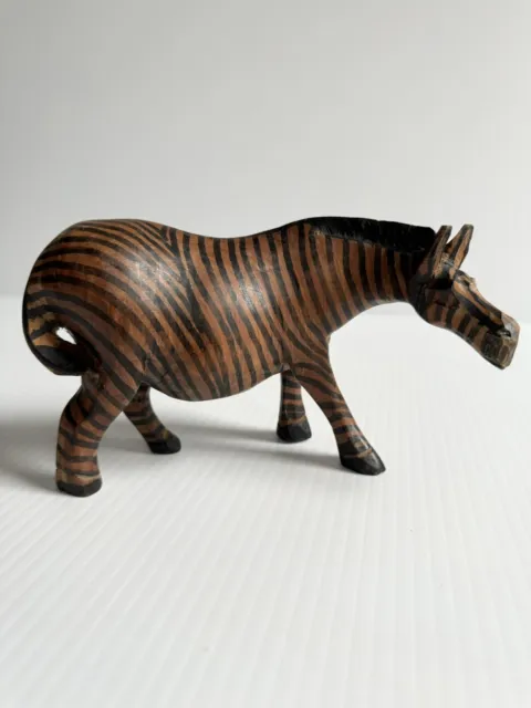 Vintage Hand Carved & Painted African Wooden Folk Art Zebra Figure Sculpture 4”