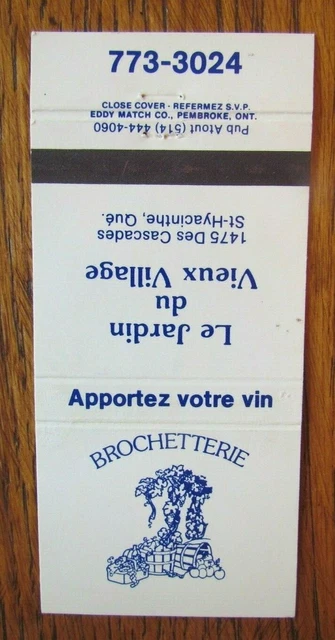 Greek Restaurant Matchbook Cover: Jardin Du Vieux Village (St-Hyacinthe, Qc) -E8