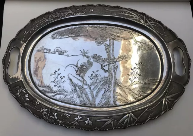 Magnifique Grand Plat En Argent Massif Chinois Ancien CHINESE EXPORT SILVER