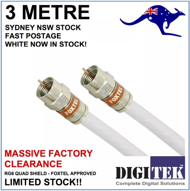 3m RG6 White Quad Shield F-Type Coax Cable TV Foxtel Optus Telstra NBN HFC NBN