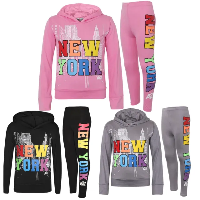 Kids Girls Crop & Legging New York Print Hooded Top Bottom Outfit Clothing Sets
