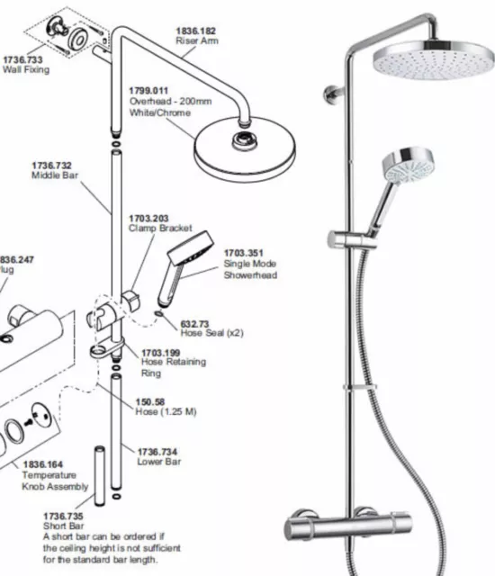 Mira Atom ERD bar mixer shower - Mk3 shower fixed riser kit Only