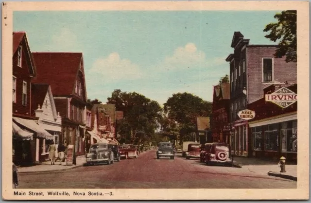 1940s WOLFVILLE Nova Scotia, Canada Postcard "Main Street" Downtown Scene Unused
