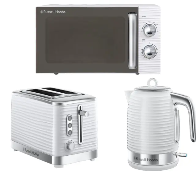 Russell Hobbs Inspire White Jug Kettle, 2 Slice Toaster & Microwave Kitchen Set