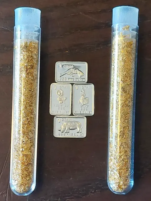 (4X)  Pure 0.999 Fine Silver Bars Estate Lot + 2 Large Vials Of Gold Leaf Flakes