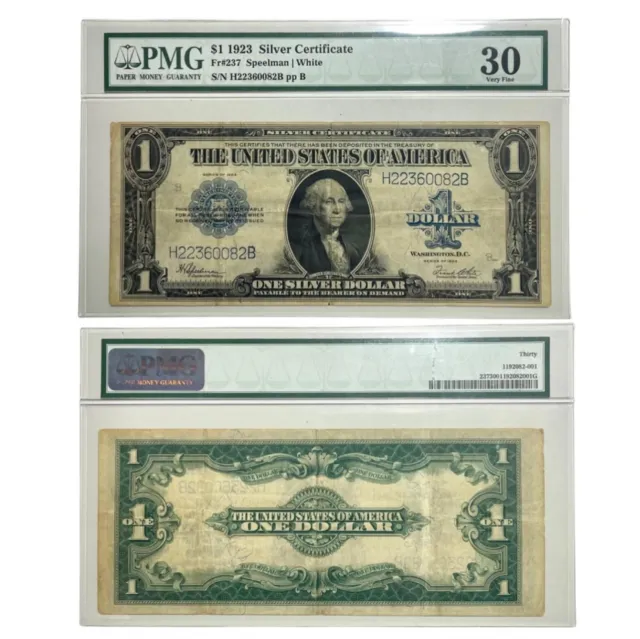 1923 $1 DOLLAR BILL SILVER CERTIFICATE LARGE NOTE SPEELMAN/WHITE Fr 237 PMG VF30