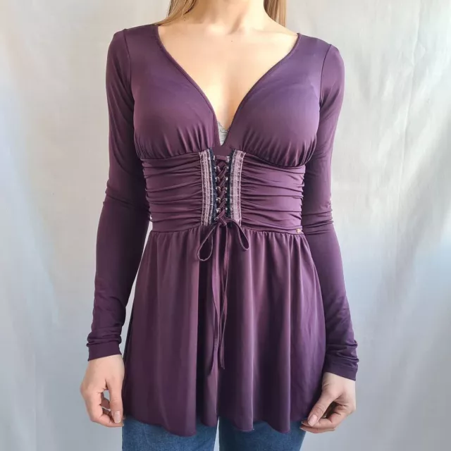 Miss Sixty Blusa Túnica Talla S Corset Stretch Top Escote En Pico Morado