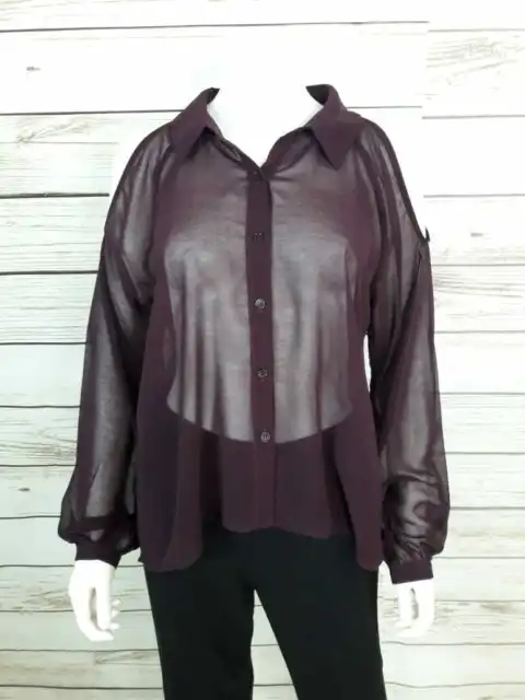 Anthropologie Ark & Co Womens Sheer Tunic Size M Wine Cold Shoulder Button Up
