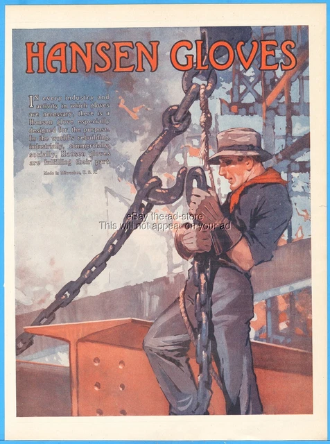 1919 Hansen Gloves Ad Milwaukee WI Ironworker Steel Worker Art Skyscraper