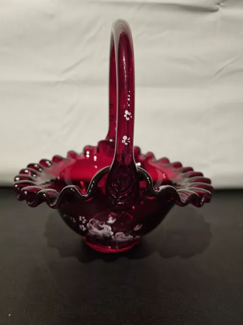 fenton glass, basket, hand painted signed by F. Hubbard cranberry