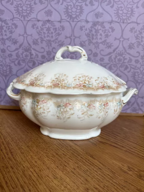 Antique Johnson Bros. Royal Semi-Porcelain Gravy Boat w Lid Floral Victorian