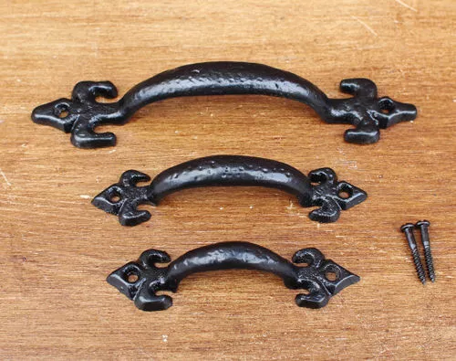 Antique Kitchen Cupboard Drawer Door Pull Handles - FLEUR DE LIS BLACK (HA01-b)