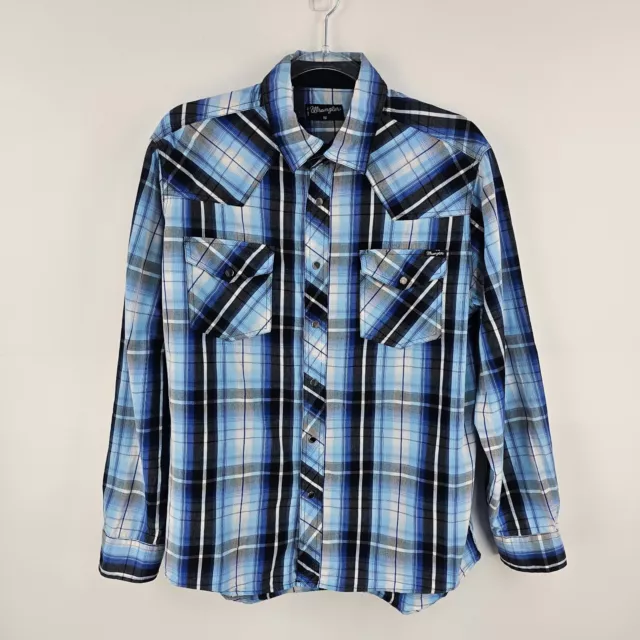 Wrangler Shirt Mens Medium Long Sleeve Pearl Snap Blue Check Pockets Western