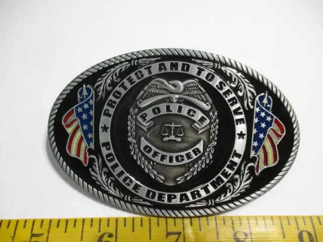 Police Officer Protect & Serve Police Dept Belt Buckle Pewter Tone/Enamel