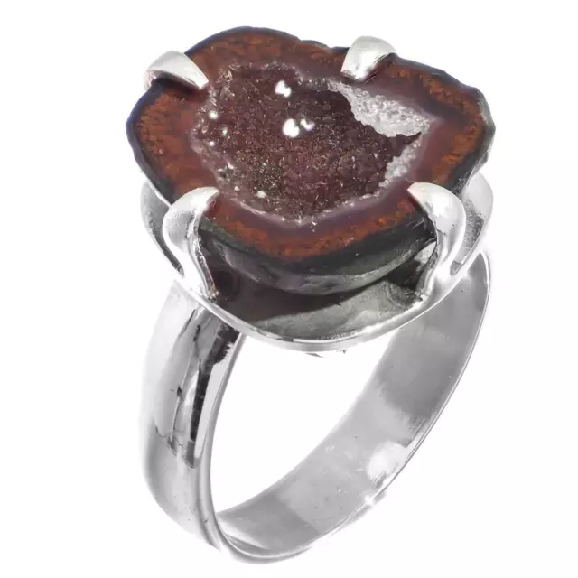 925 Plata Brillante Mejicano Natural Tabasco Geode Druzy Medio de Ley US 6 Ring