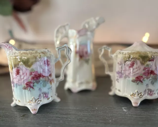 Vintage RS Prussian Tea,Cream, Sugar Set. One Of A Kind Hand Painted 2