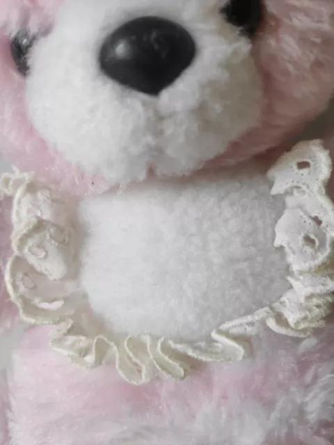 Peluche doudou ours rose blanc bavoir dentelle Nounours vintage + cadeau 3