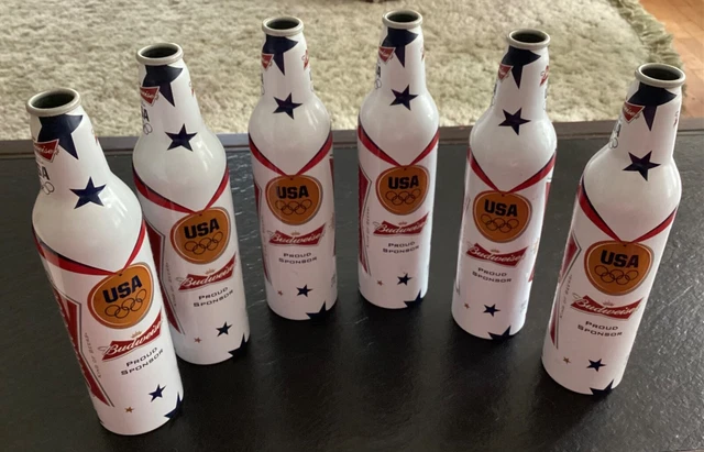LOT OF 6 BUDWEISER ALUMINUM 16 Oz BEER BOTTLES, 2012 OLYMPICS, EMPTY, NO CAPS