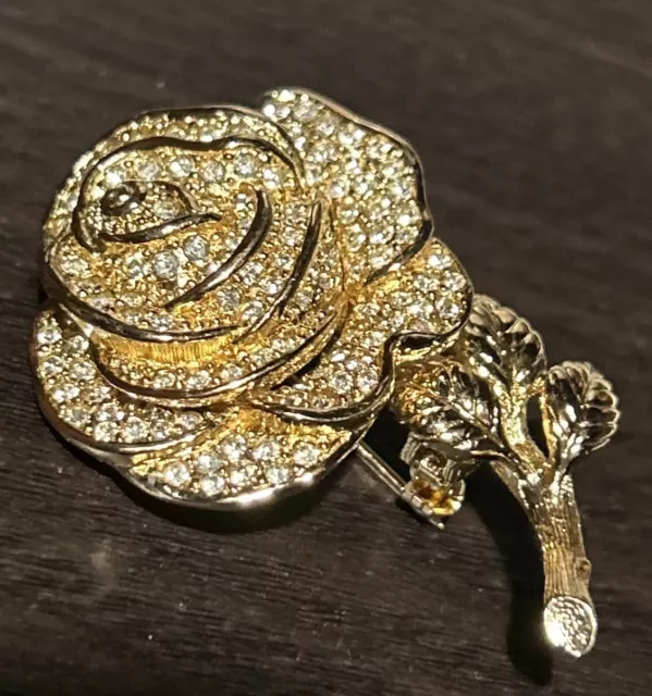 Stunning Christian Dior Gold Plated Pave Rhinestones Rose Motif Pin Brooch