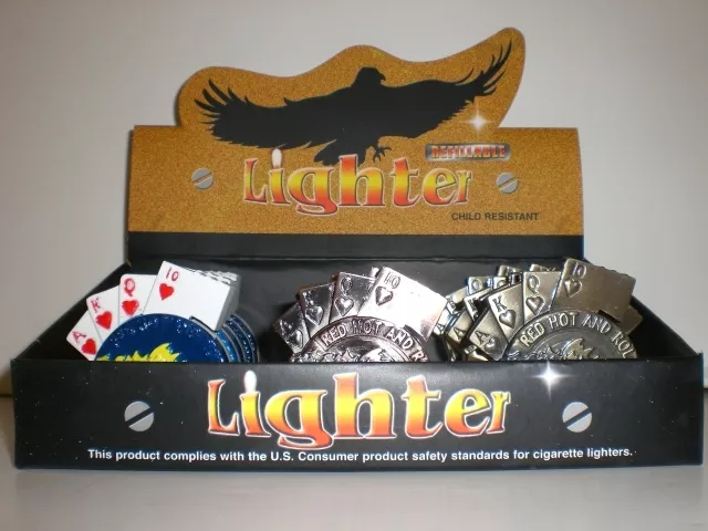 Display Of 15 Gambling Lighters (Poker, Dice, Pkr Chip)