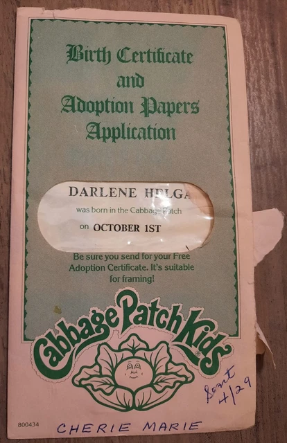 CABBAGE PATCH KIDS Birth Certificate & Adoption Papers Darlene Helga $4