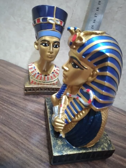SET OF 2 EGYPTIAN head Statue King Tutankhamun & Queen Nefertiti- Solid ...