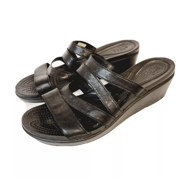 Crocs Leigh Ann Wedge Sandals Black Slide On Dress Shoes Womans US Size 10