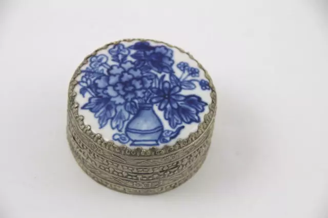 Vintage Antique Chinese Porcelain Shard Box With Blue Floral Design & Mirror