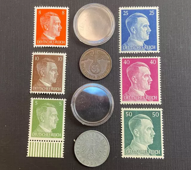 Rare WW2 German Coins & Stamps Set Of Historical Artifacts - 2 & 10 Rp Coin