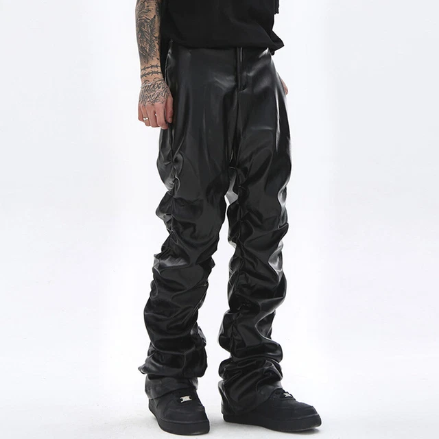Uomo Metallizzato Lucido Nero Finto Pelle Pantaloni Increspatura Gotico Wet Look