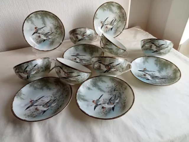 6 antique Japanese egg shell porcelain cups and saucers hand painted with cranes